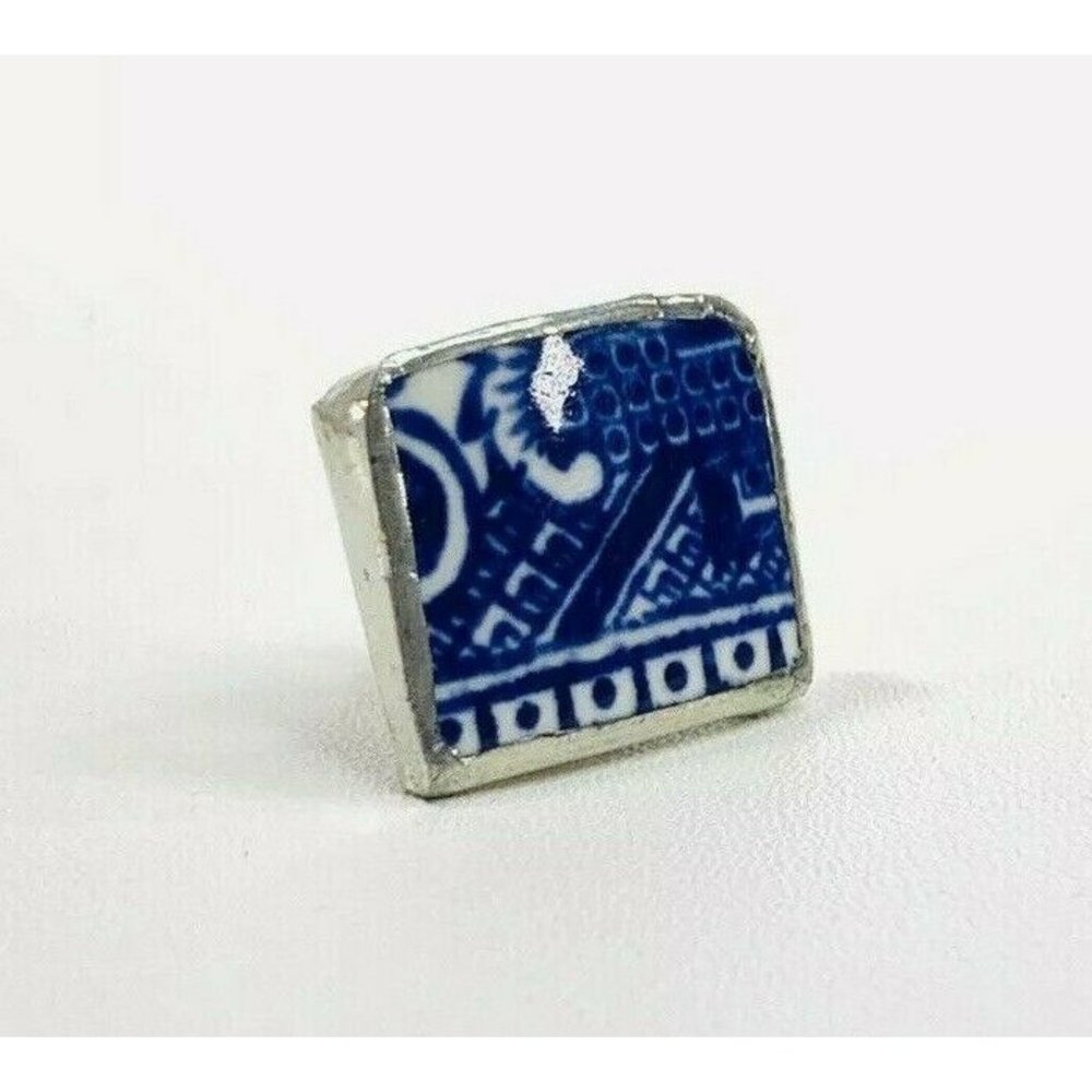 Vintage Blue Patterned Hand-Painted  Enamel Pin Brooch Jewelry